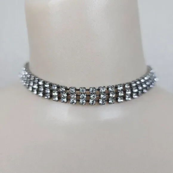 Vintage 3 Row Clear Crystal Rhinestone Collar Choker Necklace Retro 60s 15" Long - Picture 9 of 9